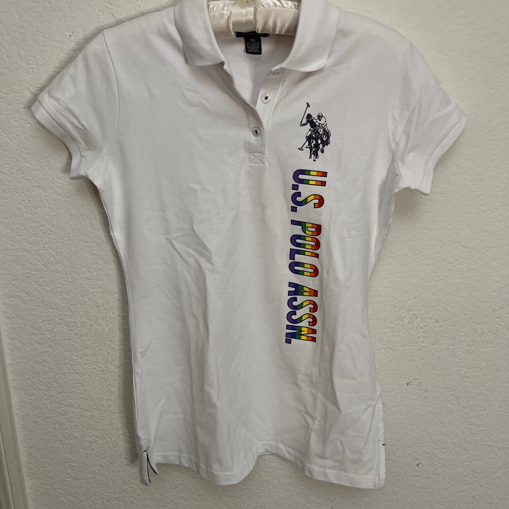 US Polo Assn White Polo Shirt Rainbow Pride LGBTQ Large Horse Logo Cotton Sz XS
